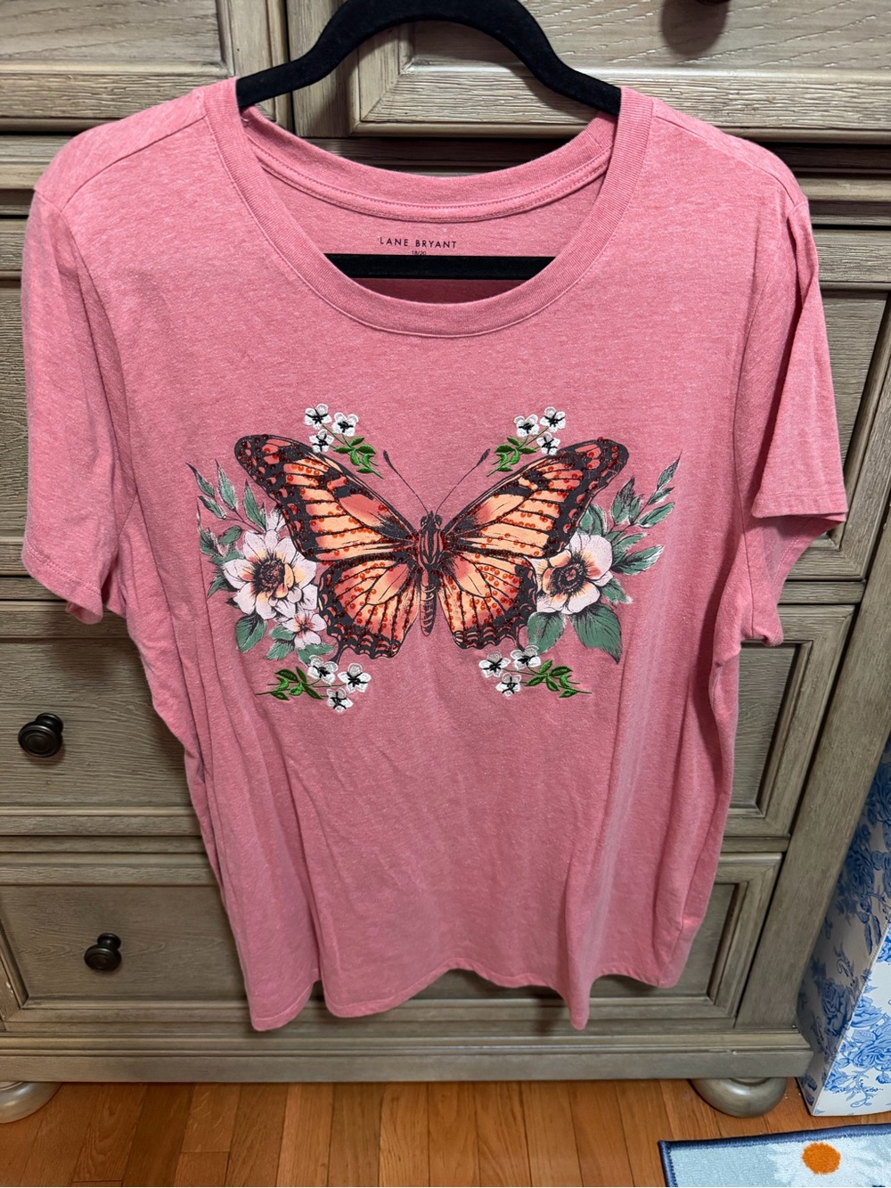Lane Bryant Pink Tee with Orange Butterfly and Green Floral Accents